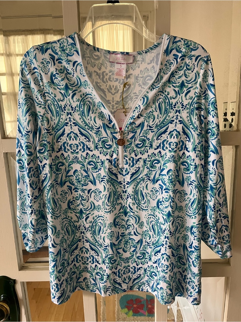 Stella Parker UPF50 Blue & Teal Printed V-Neck Zip-Front Tunic - Size Small